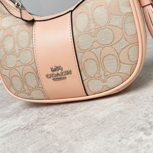 Coach  Carmen  Mini  Crossbody  In  Signature  Jacquard  Light  Apricot  Cloth  With  Pink  With  OG  Box  &  Dust  Bag  (2750)