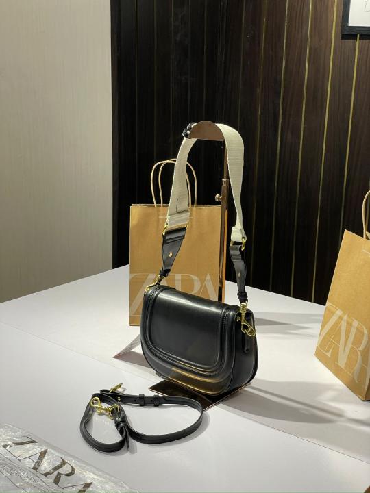 Zara  saddle  canvas  broad  strap  crossbody  bag  with  caryy  bag(black)