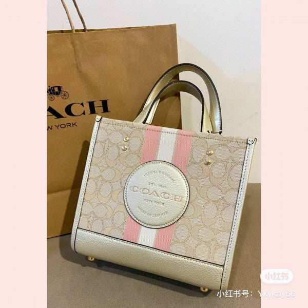 Coach  Dempsey  Tote  22  In  Signature  Jacquard  With  Stripe  And  Coach  Patch  With  OG  Box  &  Dust  Bag  (Pink 5638)