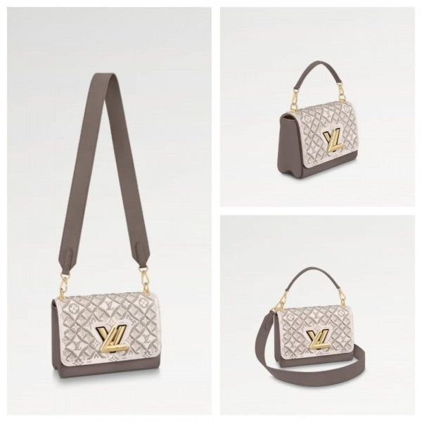 Louis  Vuitton  Embroidered  Twist  Logo  Premium  Double  Box  Bag  With  Shoulder  Strap  (45962 White  Grey)