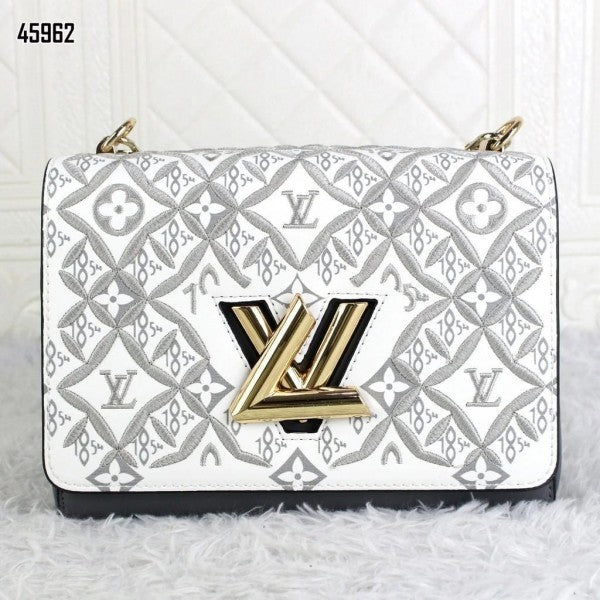 Louis  Vuitton  Embroidered  Twist  Logo  Premium  Double  Box  Bag  With  Shoulder  Strap  (45962 White  Grey)