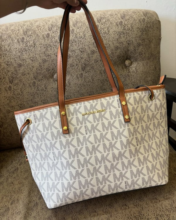 Michael  Kors  MK Voyager Tote Bag With Side Pocket & Dust Bag (Beige Brown 2003)