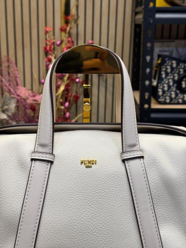 FEND  I LEATHER BOWLING HANDBAG WITH SLING PREMIUM QUALITY WITH DUST BAG (WHITE)