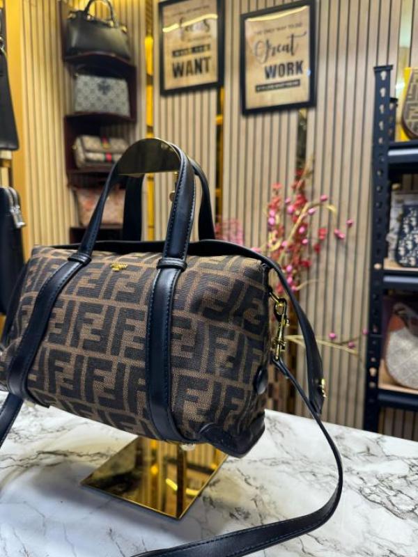 FEND  I LEATHER BOWLING HANDBAG WITH SLING PREMIUM QUALITY WITH DUST BAG (COFFEE BLACK)