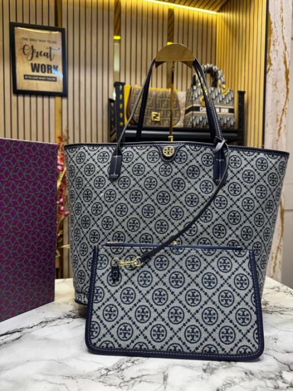 TORY BURC  H MONOGRAM CANVAS TOTE WITH POUCH WITH OG BOX AND DUST BAG PREMIUM QUALITY (BLUE)