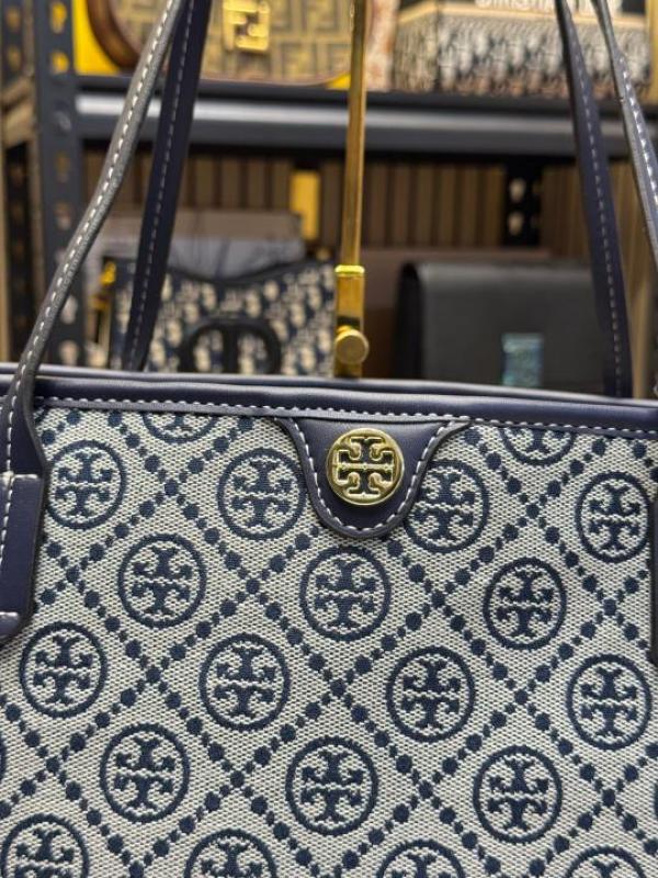 TORY BURC  H MONOGRAM CANVAS TOTE WITH POUCH WITH OG BOX AND DUST BAG PREMIUM QUALITY (BLUE)