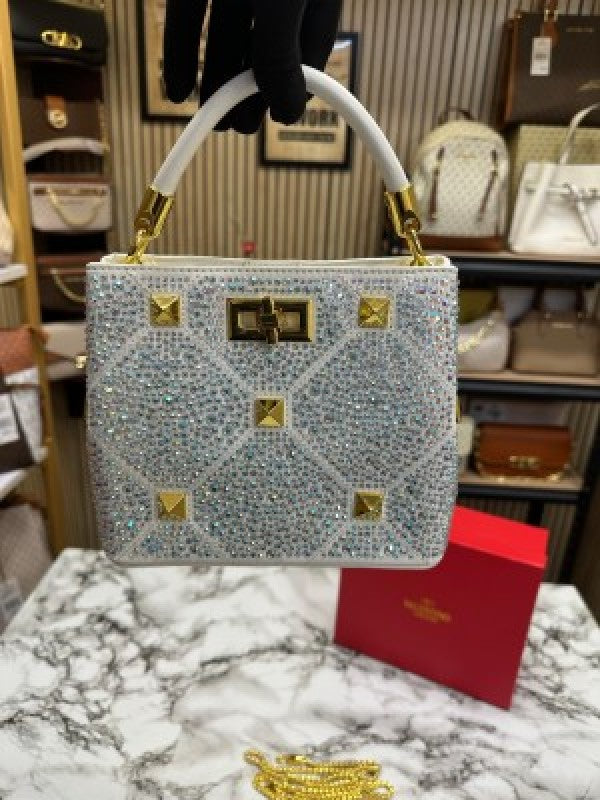 VALENTIN  O RHINESTONE LAVIE HANDBAG WITH BOX CARD DUST BAG (WHITE)