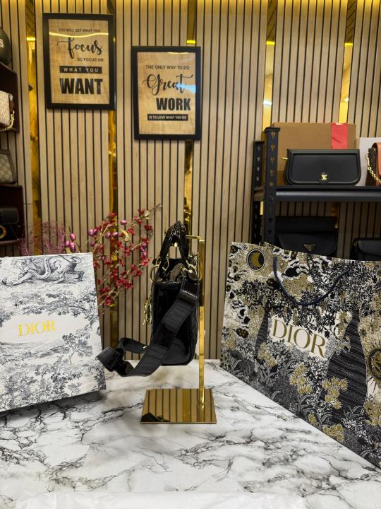 Christian  Dior  D Joy  Pearl  Patent  Handbag  With  Box  And  Dust  Bag  Including  CarryBag  (Black)