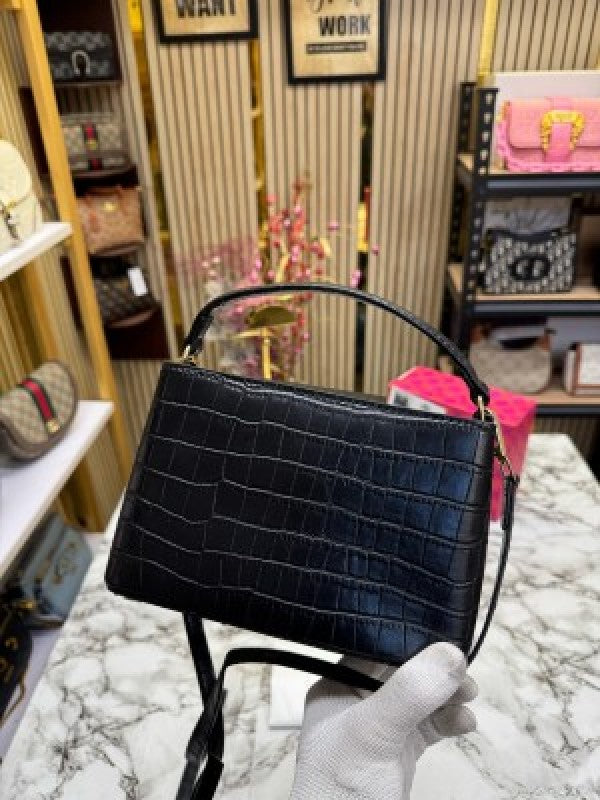 TOR  Y BURCH BRITTEN CROCO HANDBAG CROCODILE PRINT WITH OG BOX AND DUST BAG AND SLING (BLACK) (S2)