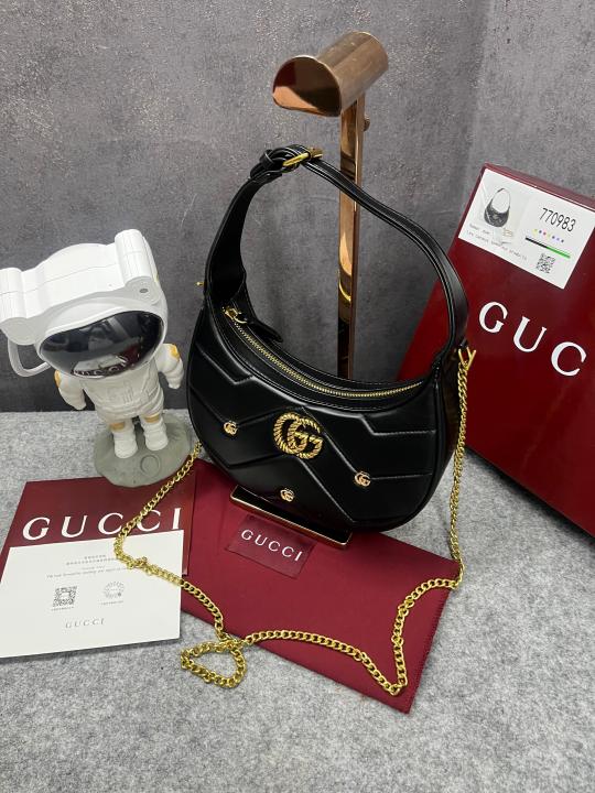 Gucci  GG  Marmont  Half Moon  Shaped  Black  Calfskin  Gold  Hardware  Black  770983  With  OG  Red  Box  &  Dust  Bag