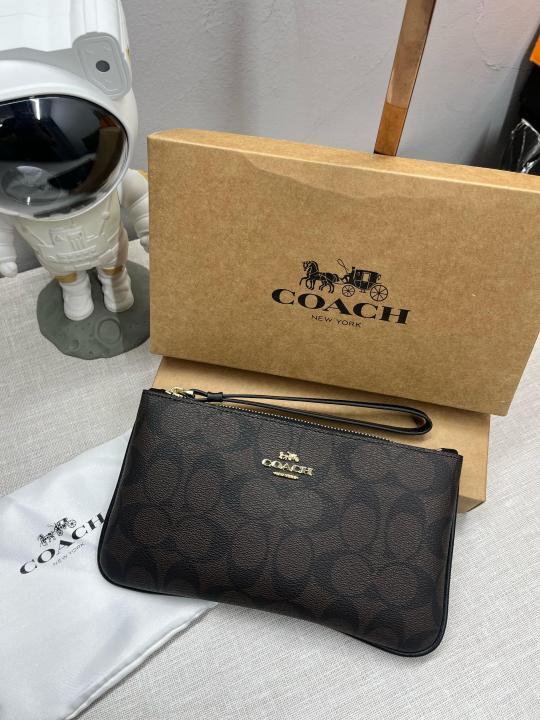 Coach  Corner  Zip  Wristlet  In  Signature  Canvas  With  Brown  With  OG  Box  &  Dust  Bag  101