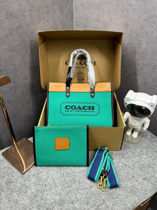Coach  Field  Tote  30  Authenic  Green  Canvas    Leather  With  Pouch  OG  Box  &  Dust  Bag  6739  Green