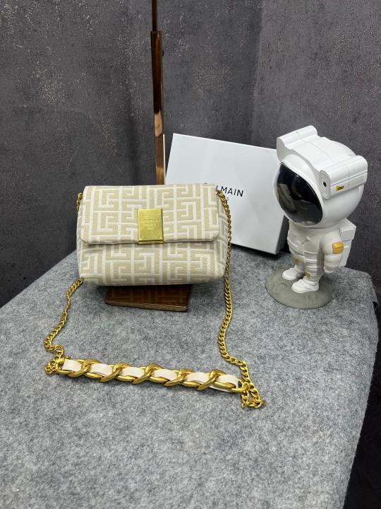 Balmain  1945  Soft  Mini  Bag  Jacquard  Monogram  With  OG  Box  &  Dust  Bag  Apricot  396