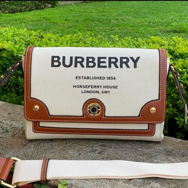 Burberry  Horseferry  Canvas  Leather  Shoulder  Bag  Beige  Brown  With  OG  Box  &  Dust  Bag  1208  White  Canvas