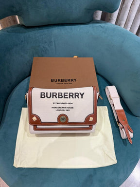 Burberry  Horseferry  Canvas  Leather  Shoulder  Bag  Beige  Brown  With  OG  Box  &  Dust  Bag  1208  White  Canvas