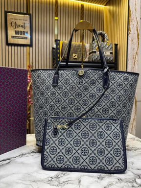 TORY BURC  H MONOGRAM CANVAS TOTE WITH POUCH WITH OG BOX AND DUST BAG PREMIUM QUALITY (BLUE)