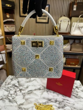 VALENTIN  O RHINESTONE LAVIE HANDBAG WITH BOX CARD DUST BAG (WHITE)