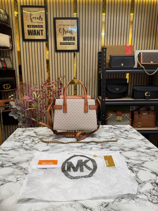 Michael  Kors Signature Carmen Flap Leather Satchel Handbag (Beige)