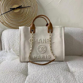 chanel deauville pearl canvas tote bag(966 4 biege)