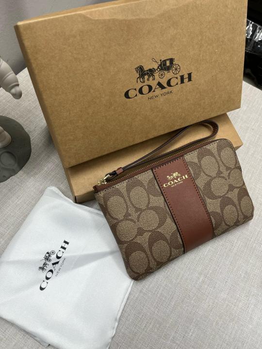 Coach  Corner  Zip  Wristlet  In  Signature  Canvas  With  Brown  Stripe  With  OG  Box  &  Dust  Bag  104