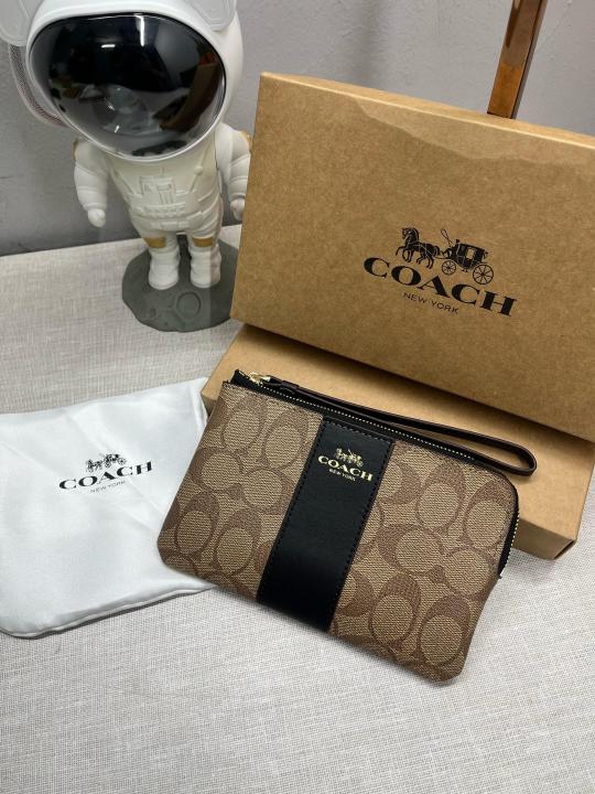 Coach  Corner  Zip  Wristlet  In  Signature  Canvas  With  Black  Stripe  With  OG  Box  &  Dust  Bag  105