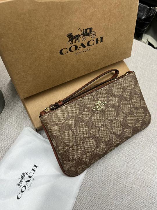 Coach  Corner  Zip  Wristlet  In  Signature  Canvas  With  Brown  With  OG  Box  &  Dust  Bag  102