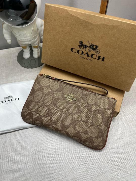 Coach  Corner  Zip  Wristlet  In  Signature  Canvas  With  Brown  With  OG  Box  &  Dust  Bag  102
